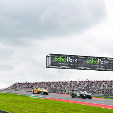 Christopher Bell (No. 20) chases Joe Gibbs Racing teammate Ty Gibbs (No. 54) in the EchoPark Automotive Grand Prix NASCAR Cup Series race at Circuit of The Americas on Sunday, March 24, 2024.